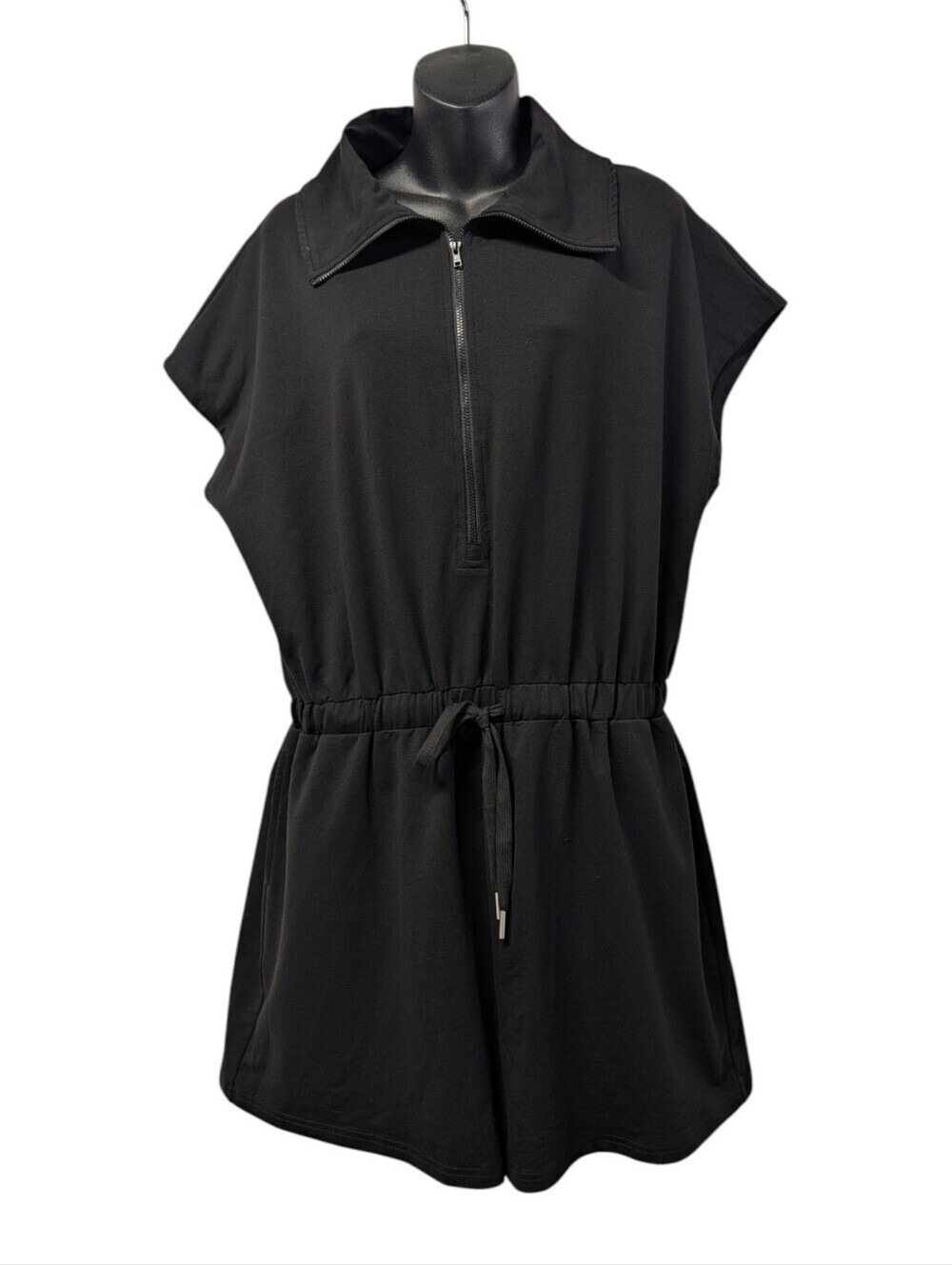 MIHOLL Black Half Zip Short Sleeve Romper XL NWT Pockets Drawstring Waist Casual